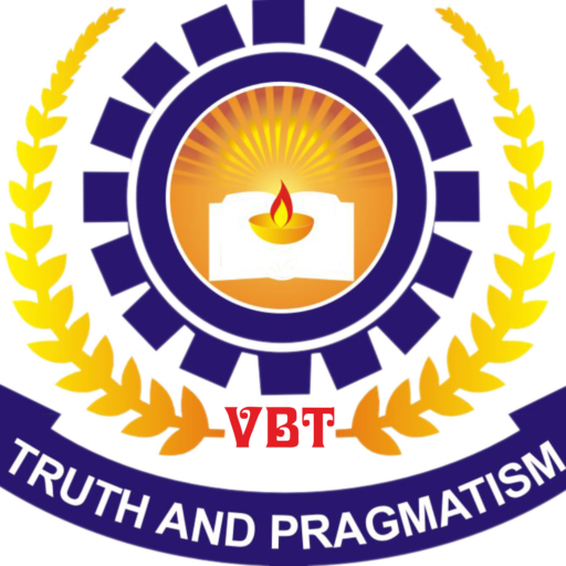 Vaids bright tots school logo showing an open book with a lamp of knowledge inside a circular academic emblem, surrounded by laurel leaves and the motto "Truth and Pragmatism".